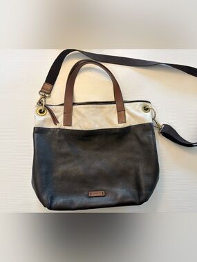 Fossil Two-Tone Leather Shoulder Bag in Black, Cream & Brown